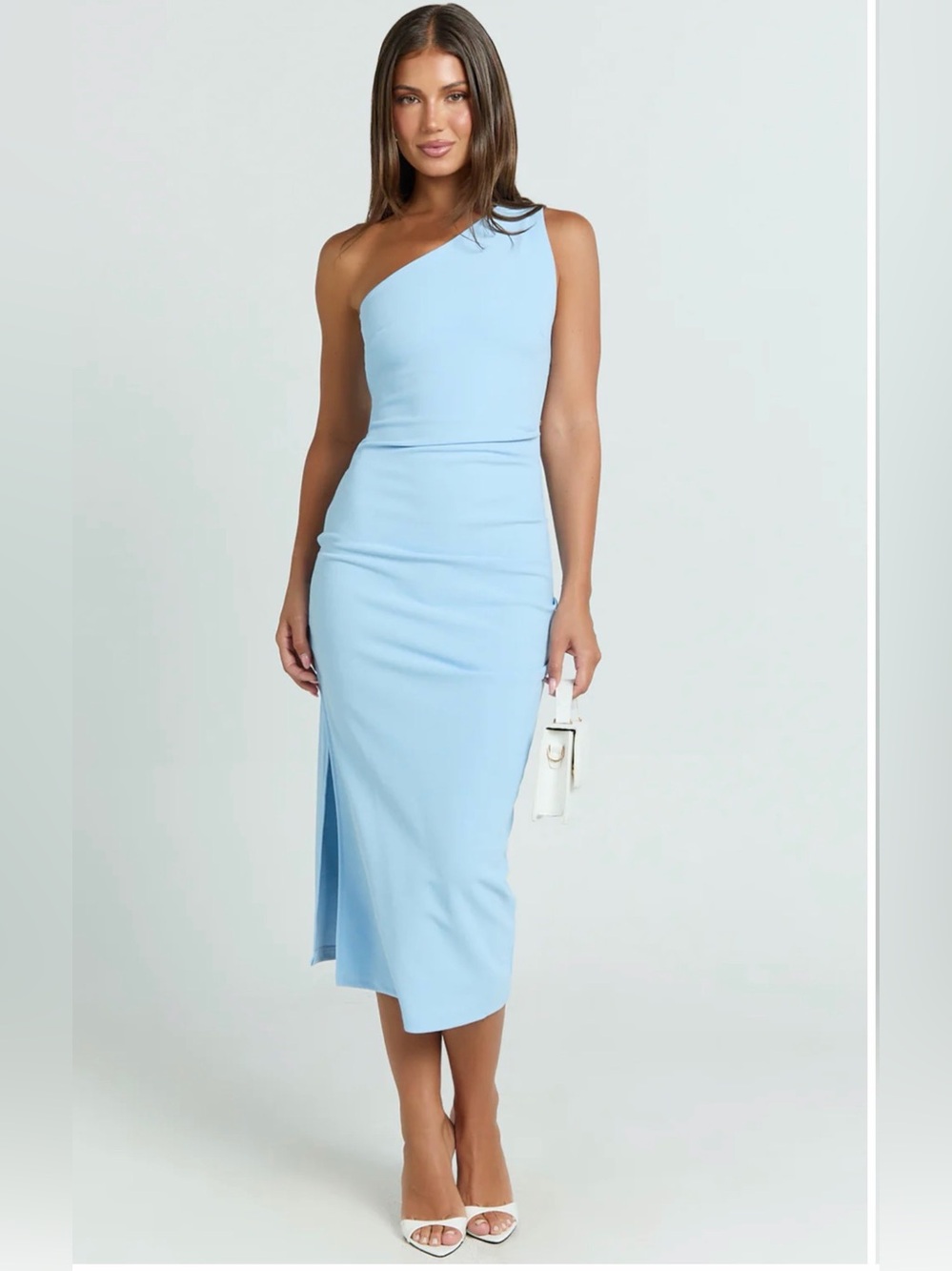 One-Shoulder Light Blue Midi Dress - Women's Plus